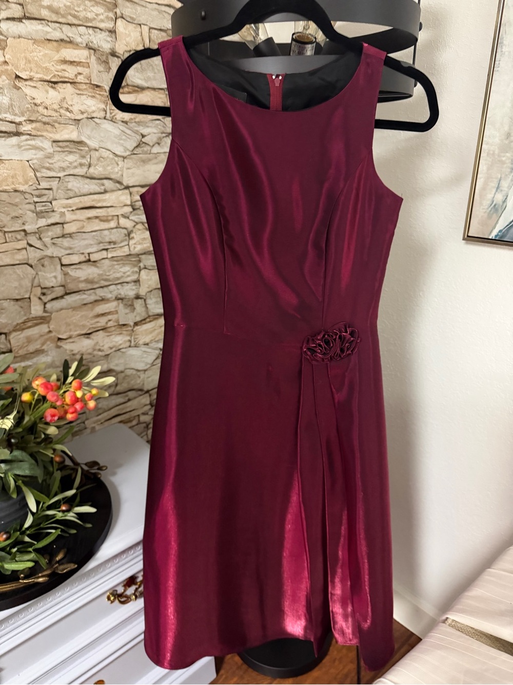 Jessica McClintock Burgundy Satin Sleeveless Midi Dress with Rosette